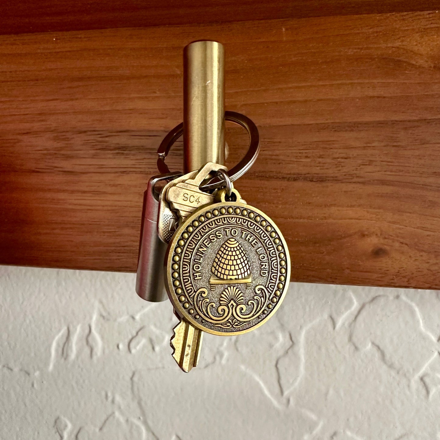 LDS keychain with temple inspired engraving antiqued brass. Mormon Keychain