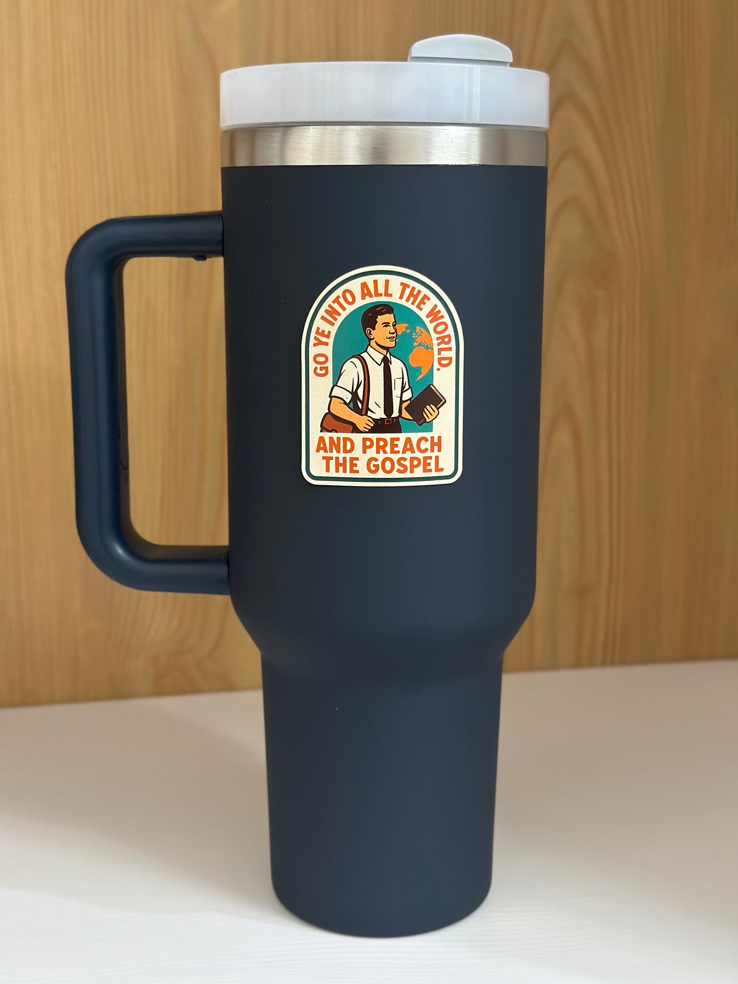 Missionary sticker on a water bottle text ' Go ye into all the world and preach the gospel' lds missionary sticker