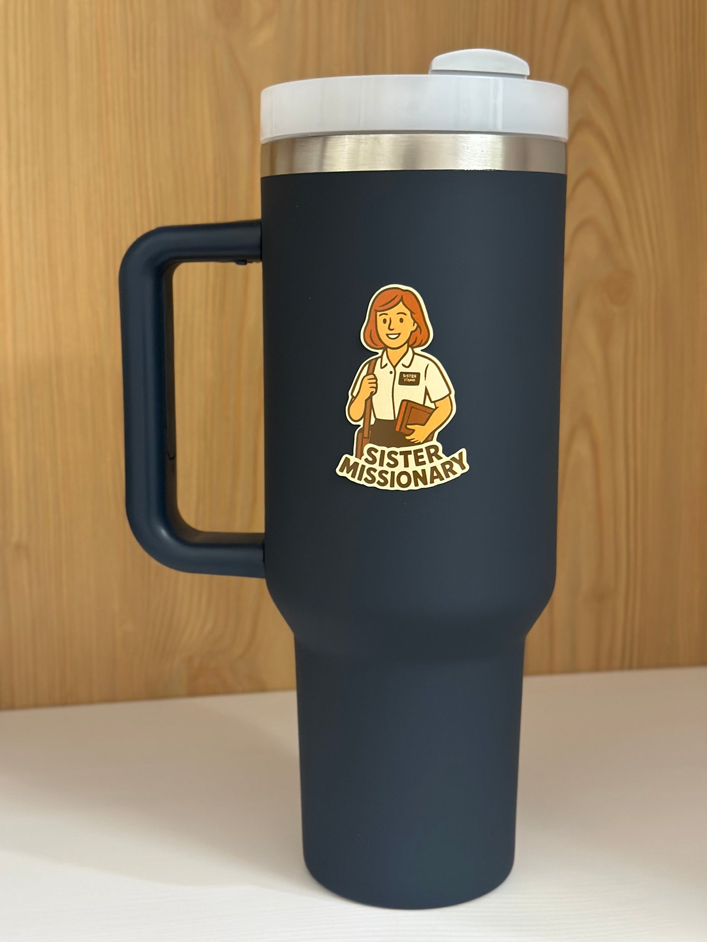 Sister missionary sticker on a tumbler