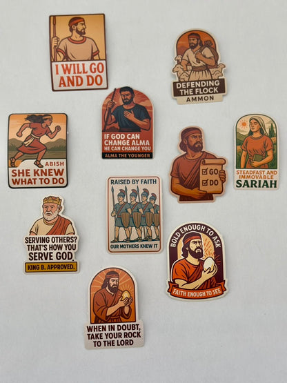 Book of mormon stickers situated on a table. fun LDS stickers with phrases and funny mormon stickers. 