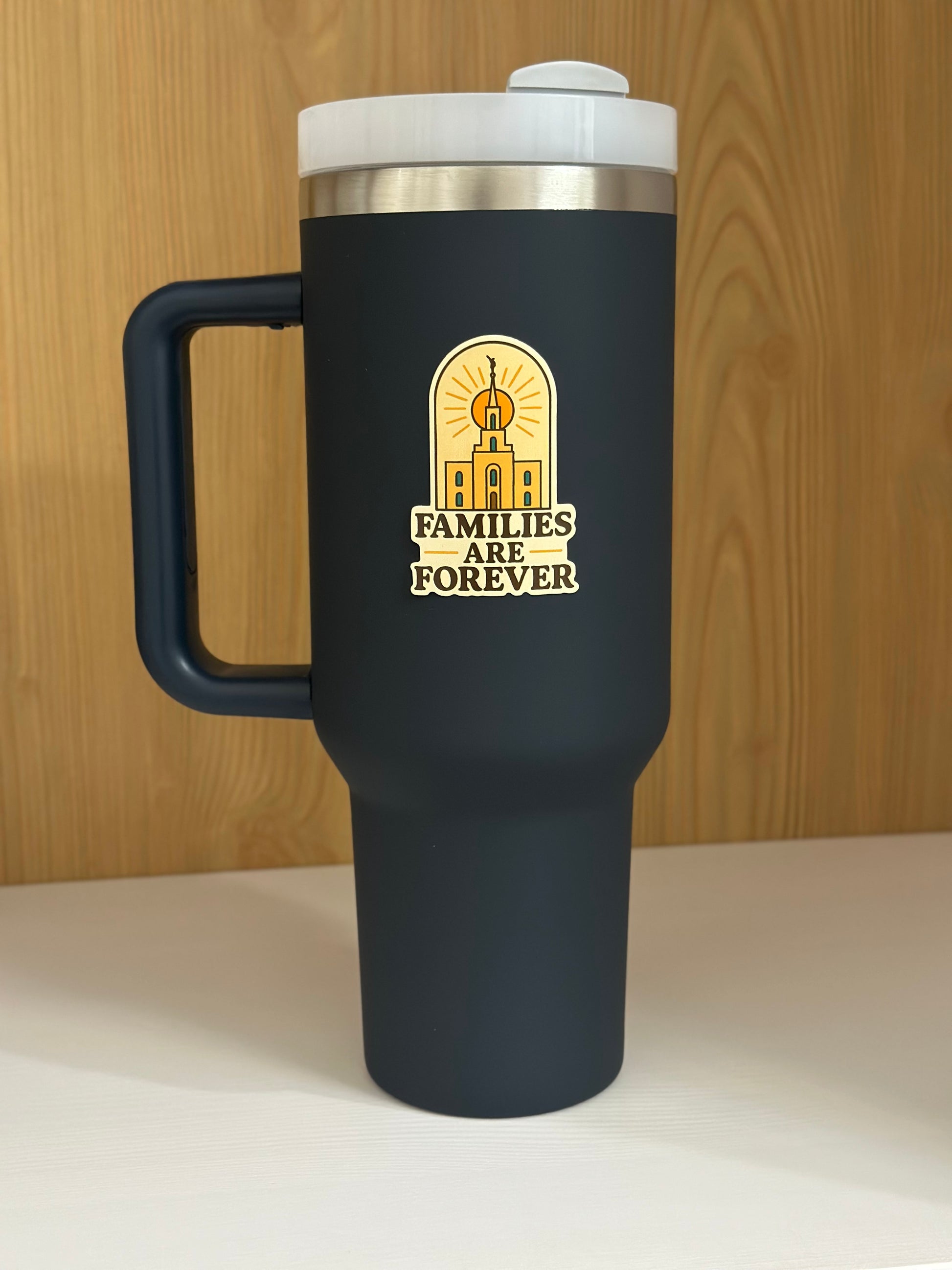 Navy blue travel mug with 'Families Are Forever' sticker. Temple sticker , LDS sticker, Mormon sticker 