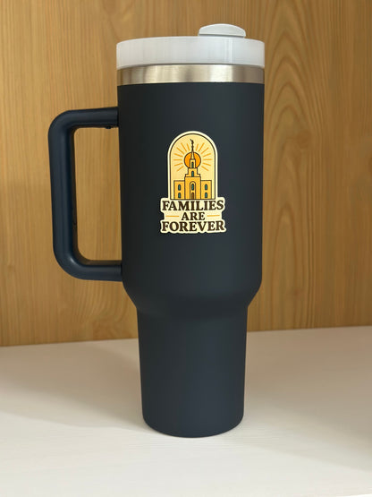 Navy blue travel mug with 'Families Are Forever' sticker. Temple sticker , LDS sticker, Mormon sticker 
