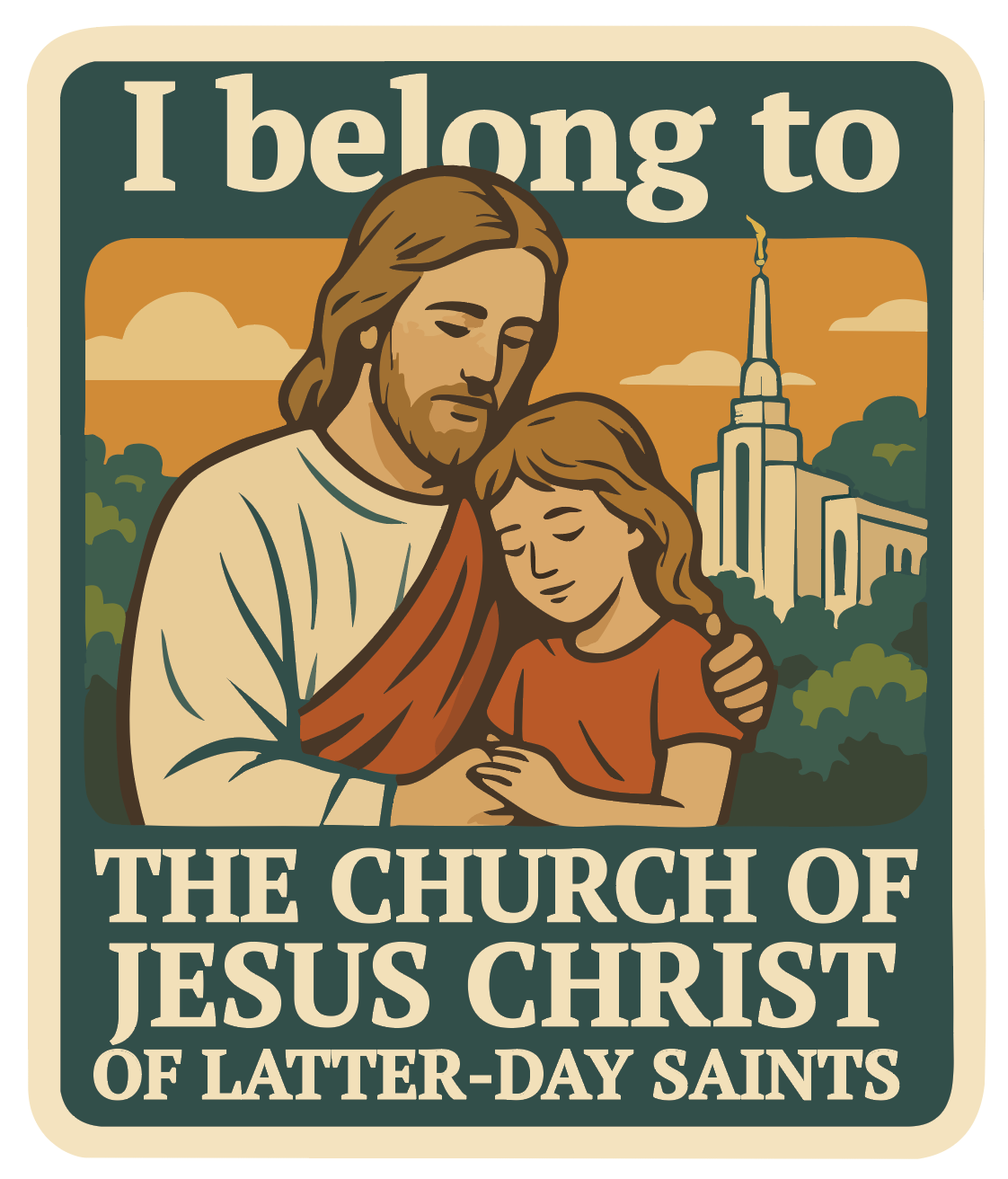 Christ and a child with a temple in the background, featuring text about The Church of Jesus Christ of Latter-Day Saints. LDS sticker 