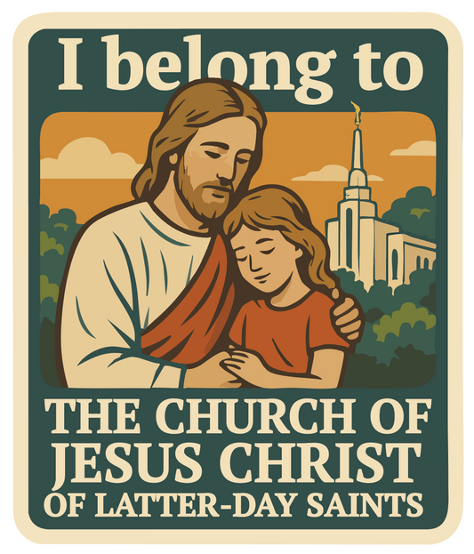 Christ and a child with a temple in the background, featuring text about The Church of Jesus Christ of Latter-Day Saints. LDS sticker 