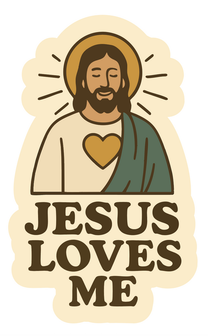Sticker with illustration of a Christ with a halo and 'Jesus Loves Me' text on a beige background