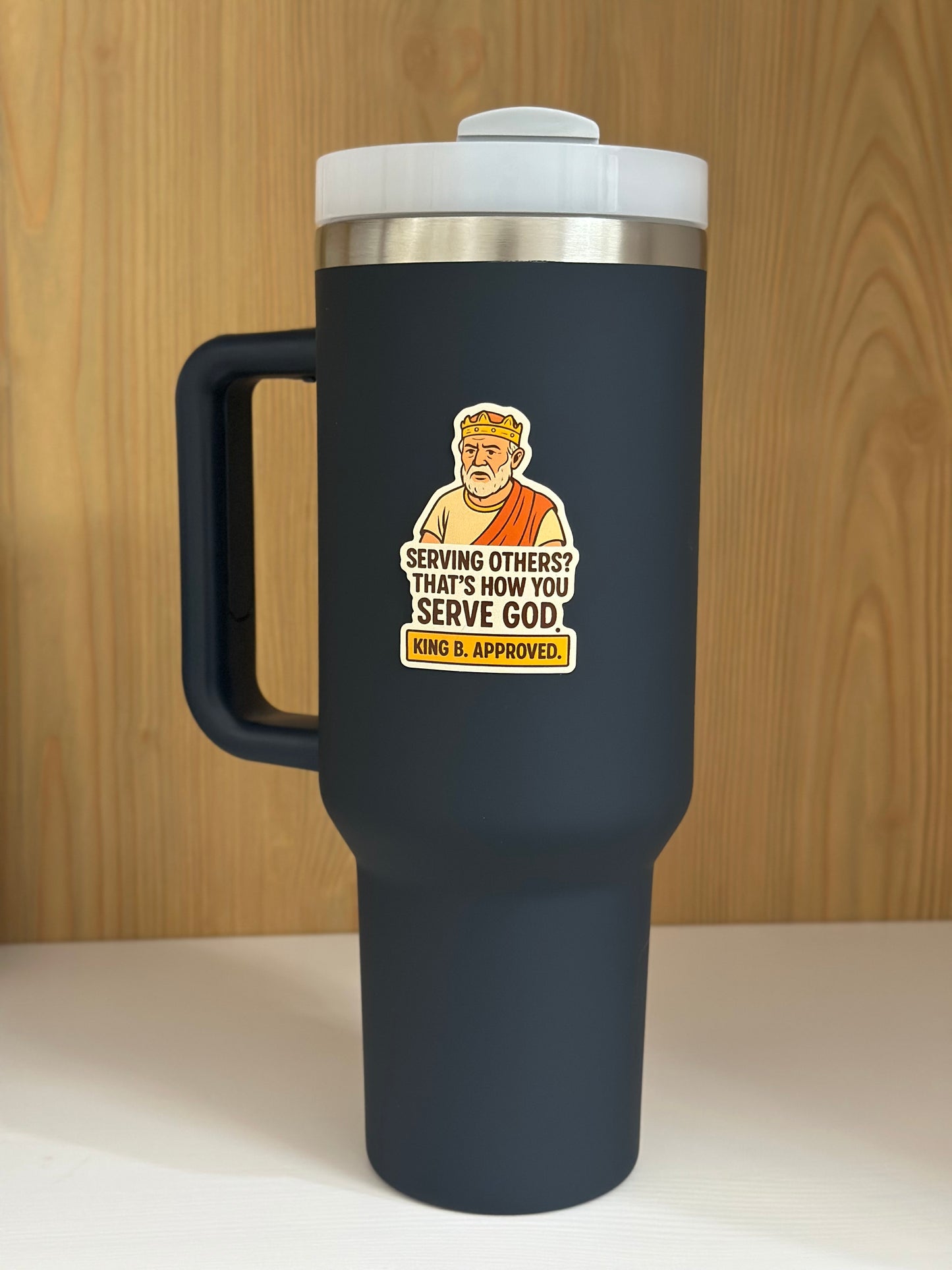 LDS sticker of King Benjamin on a navy blue sticker. 