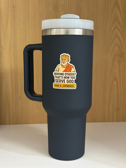 LDS sticker of King Benjamin on a navy blue sticker. 