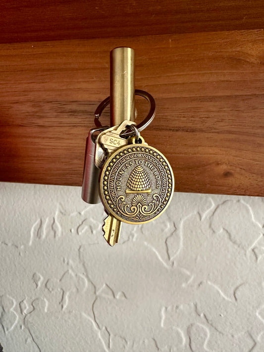 LDS keychain with temple inspired engraving antiqued brass.  