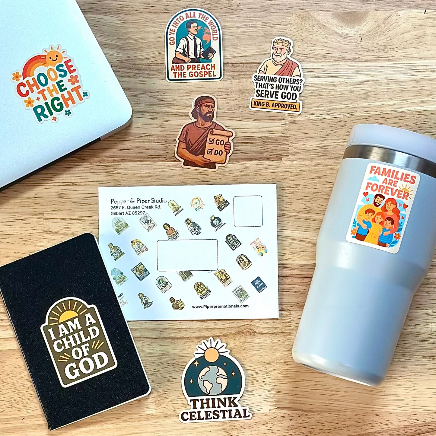 LDS Stickers Subscription envelope with stickers idea placement.  Mormon stickers    situated in a nice arrangement on a desk. Christian stickers, Book of Mormon stickers 