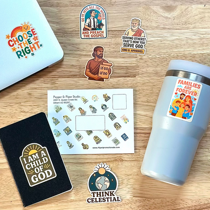 LDS Stickers Subscription envelope with stickers idea placement.  Mormon stickers    situated in a nice arrangement on a desk. Christian stickers, Book of Mormon stickers 