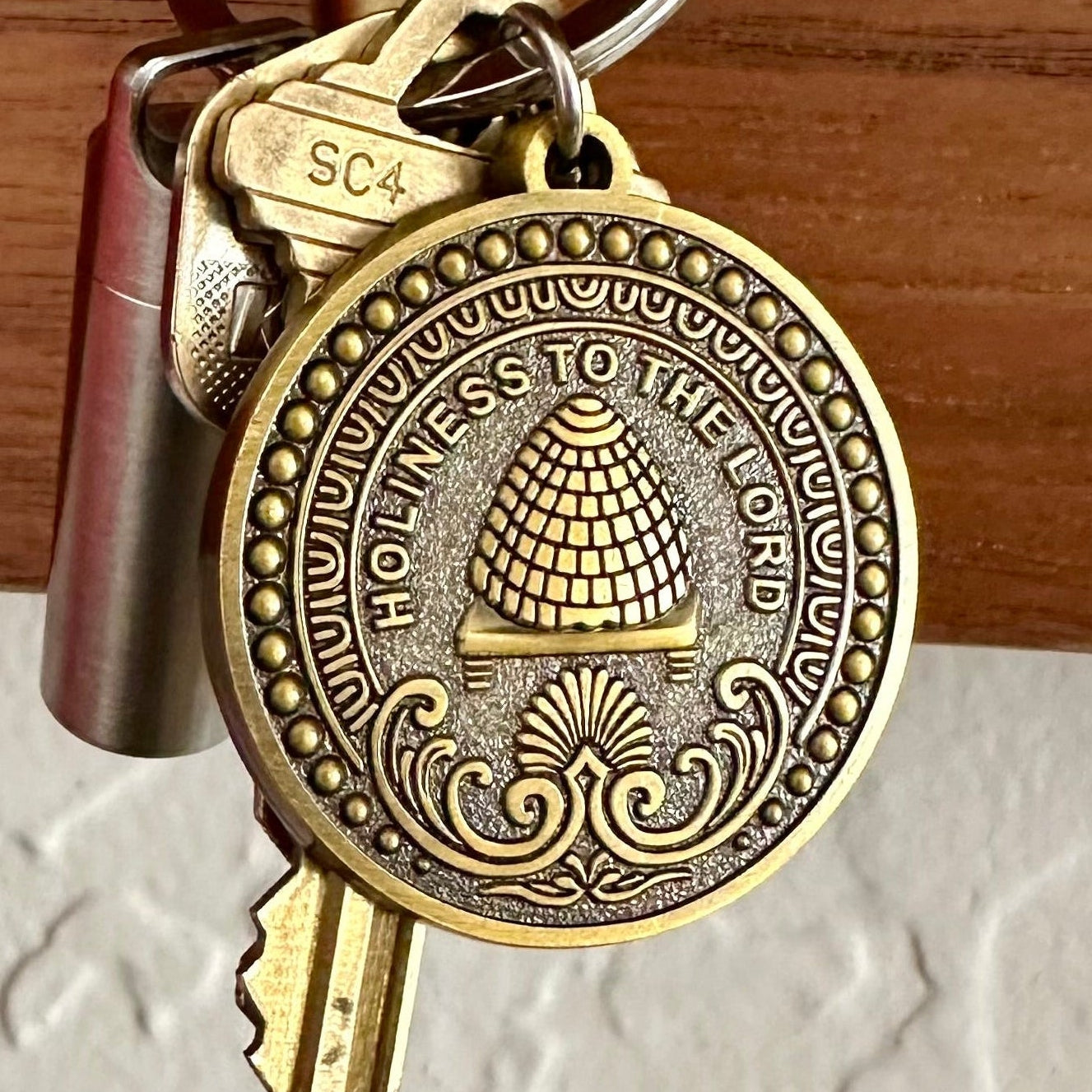 LDS keychain with temple inspired engraving antiqued brass.  Mormon Keychain, Temple Keychain, Holiness to the lord, LDS gift, Mormon gift