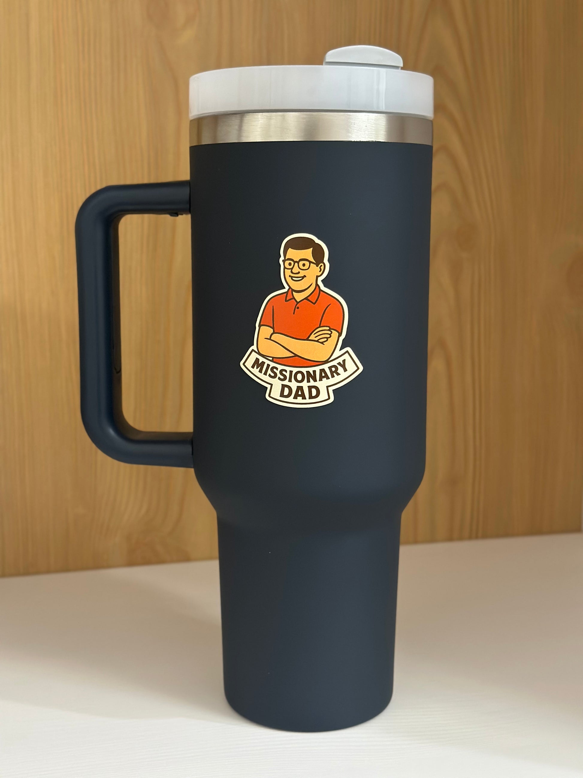 Mormon Missionary dad sticker on a Navy blue water bottle 