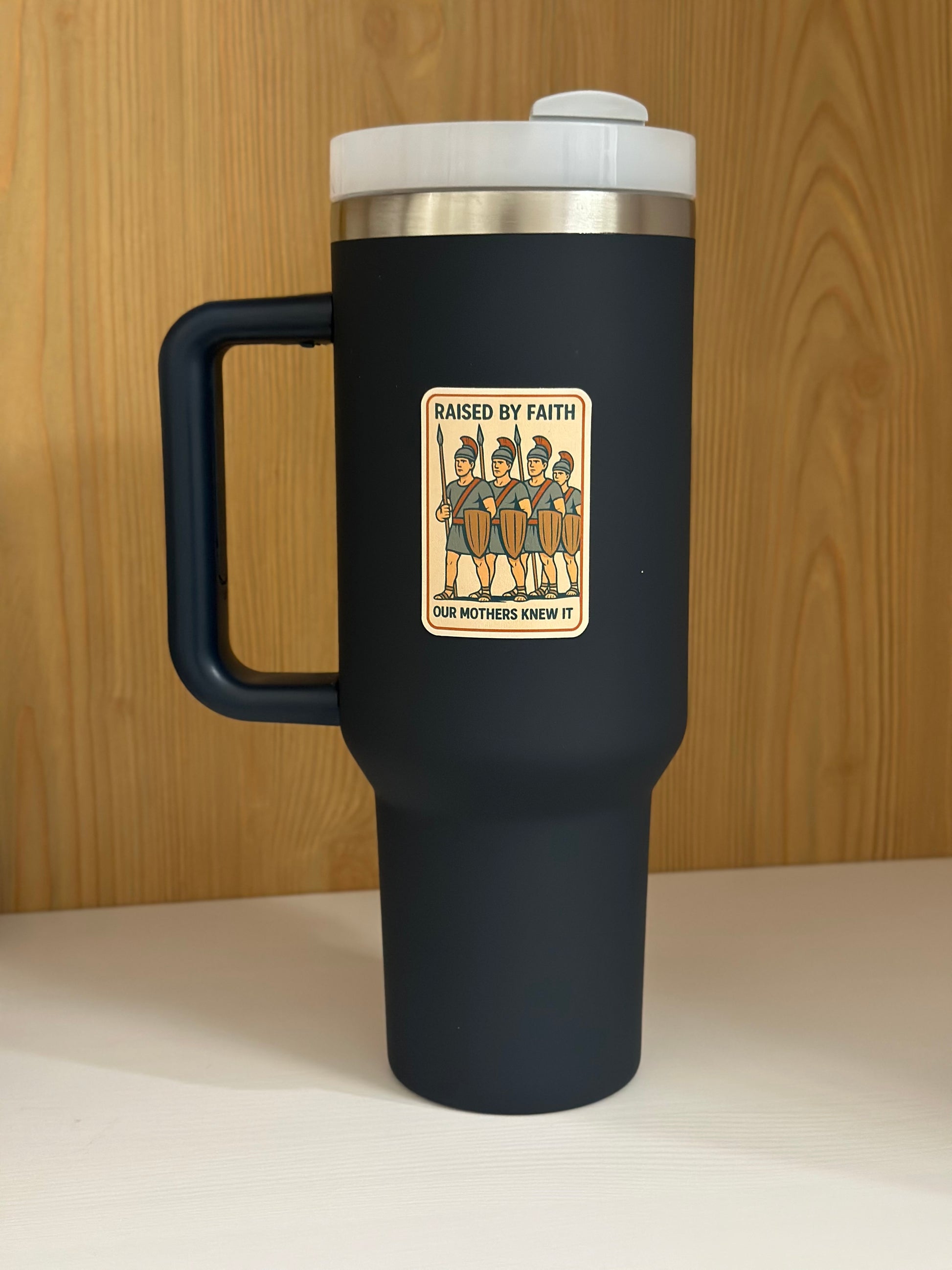 Mormon sticker, stripling warriors and the sons of helaman on a navy blue cup. LDS sticker 