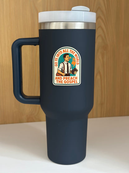 Missionary sticker on a water bottle text ' Go ye into all the world and preach the gospel' lds missionary sticker 