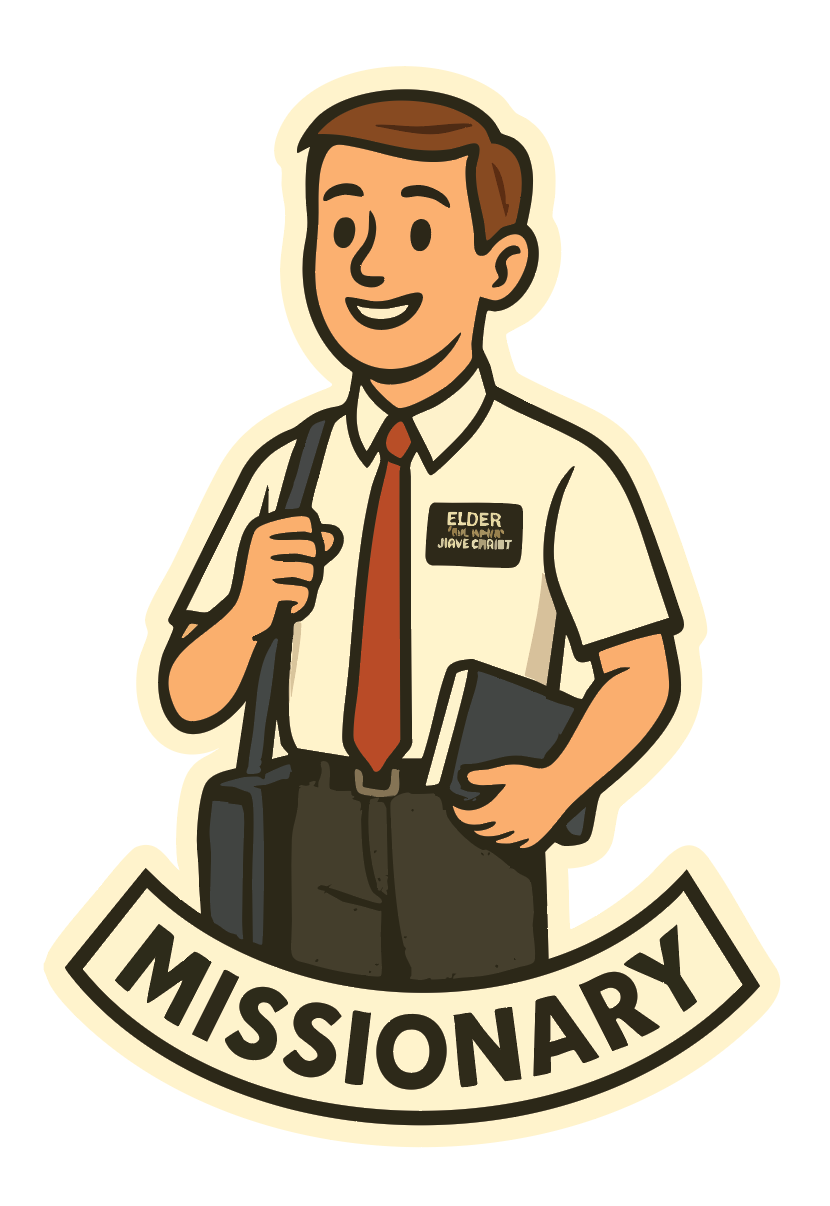 LDS missionary sticker showing a mormon missionary ready to preach. mormon sticker