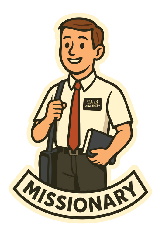 LDS missionary sticker showing a mormon missionary ready to preach. mormon sticker