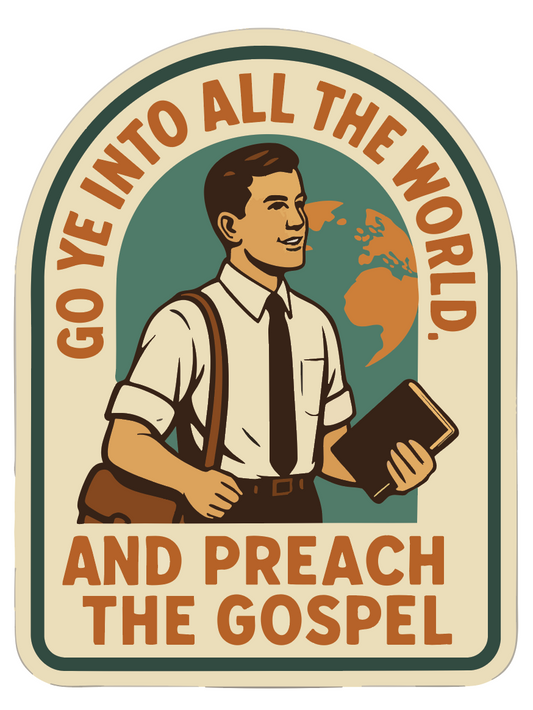 'Go Ye into all the world' LDS missionary sticker, Mormon missionary sticker featuring a mormon missionary