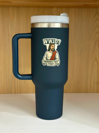 Travel tumbler with sticker