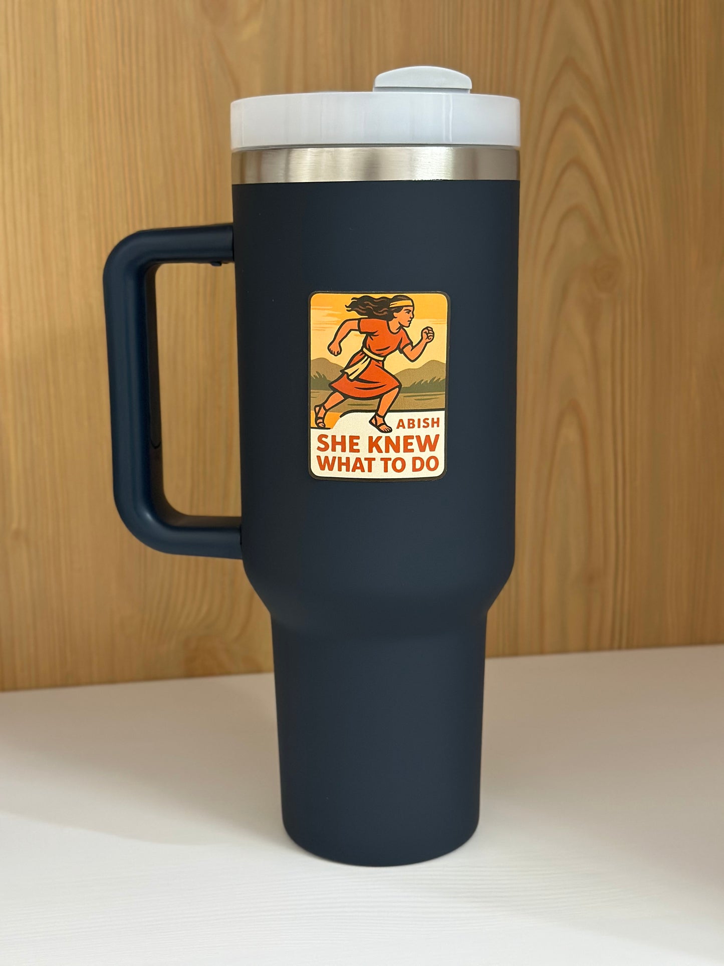 book of mormon heroine abish, lds sticker, mormon sticker on a tumbler 