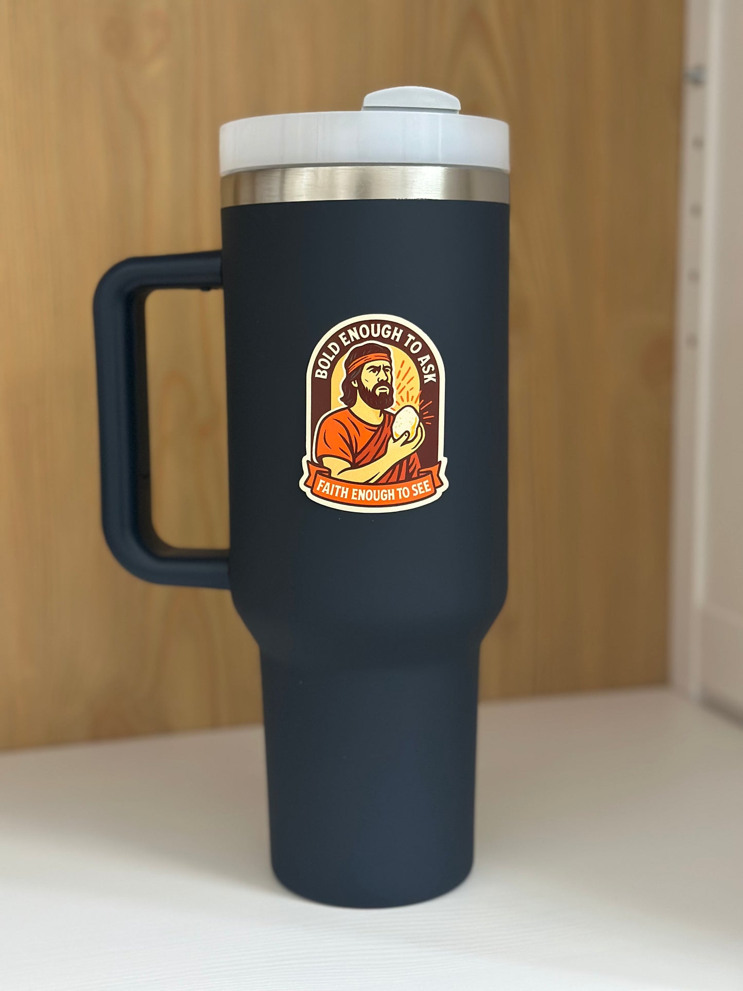 Navy blue stanley tumbler LDS sticker featuring the brother of jared 