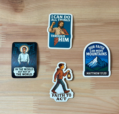 Four motivational stickers on a wooden surface