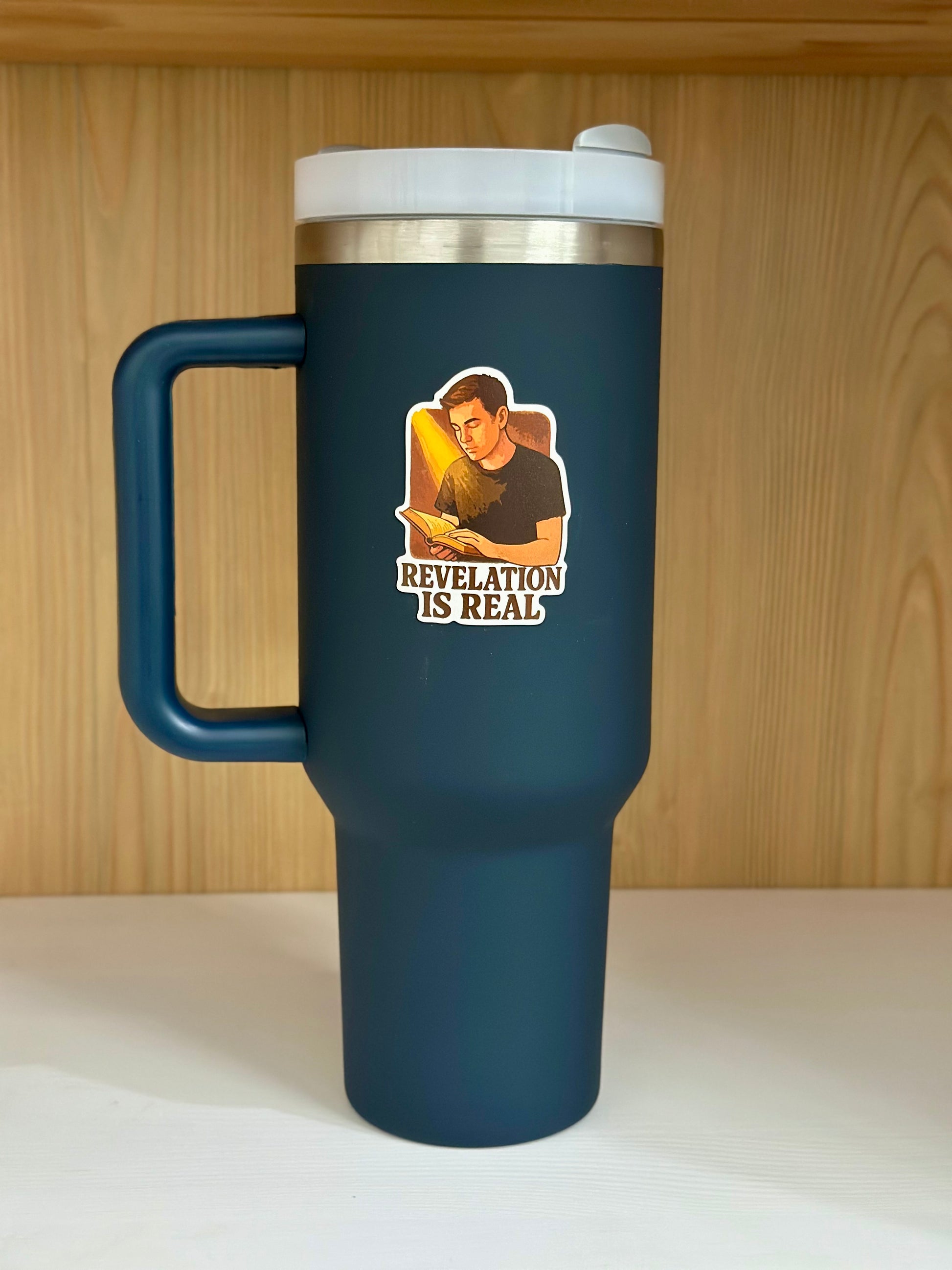 Mormon sticker on a cup, Revelation is real