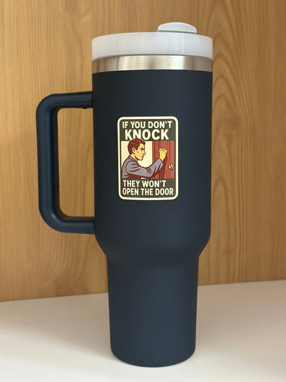 Navy blue travel water bottle with LDS sticker of a mormon missionary knocking on a door 